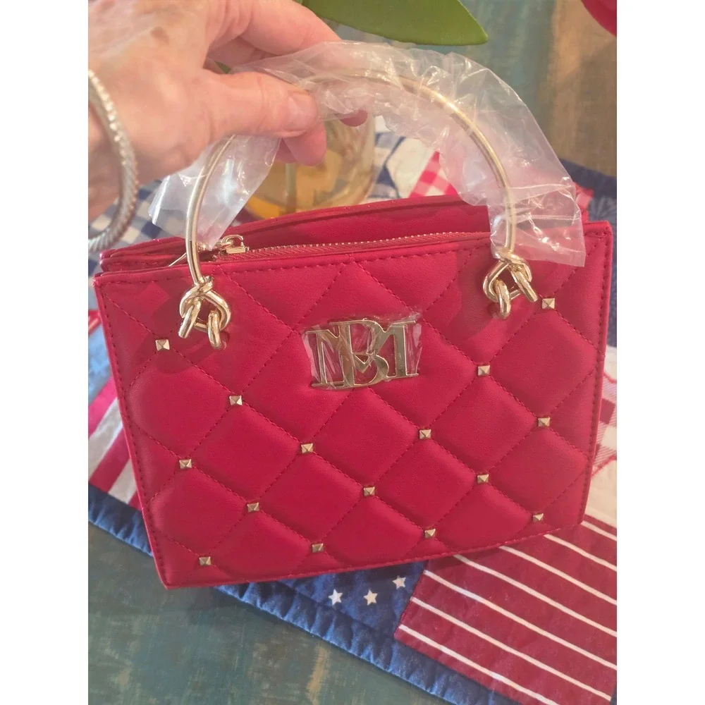 Badgley Mischka Red Quilted Small Tote Handbag Gold Hardware Studded BM-4132 - Picture 2 of 8